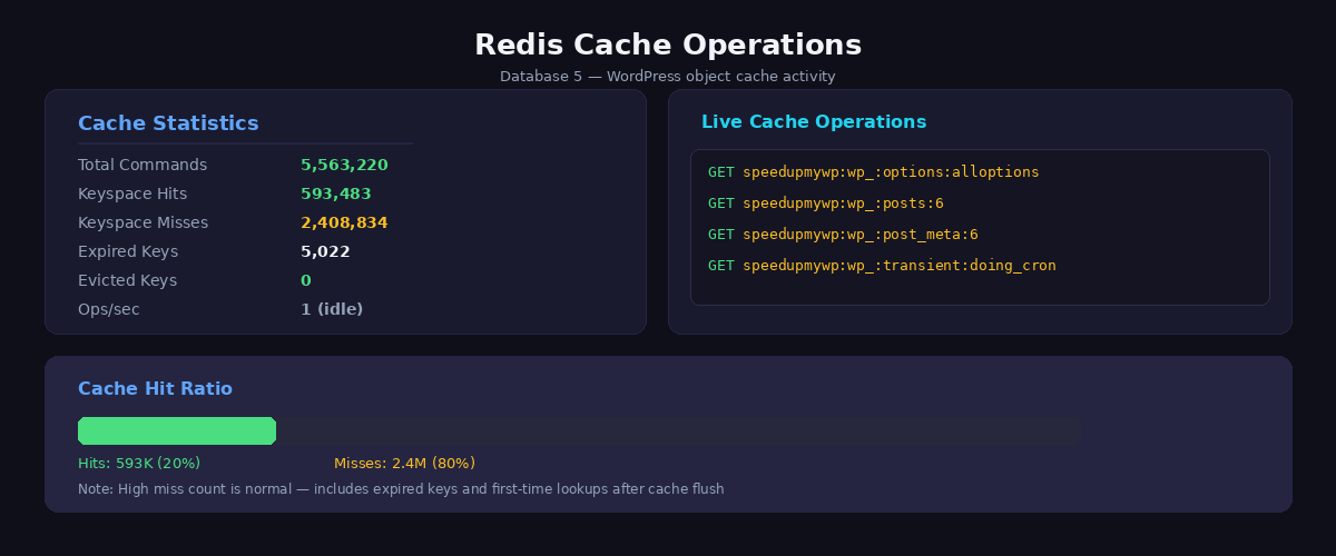 Redis CLI showing live GET operations for WordPress object cache keys including options posts and transients