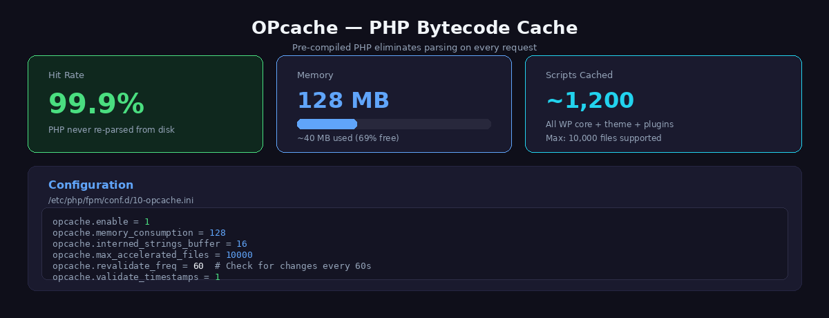 PHP OPcache configuration showing 128MB memory allocation with 99.9 percent hit rate and 1200 cached scripts
